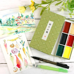 Kuretake GANSAI TAMBI  - akvarelové barvy - Irodori Kobako 6 Color Travel Set, Green